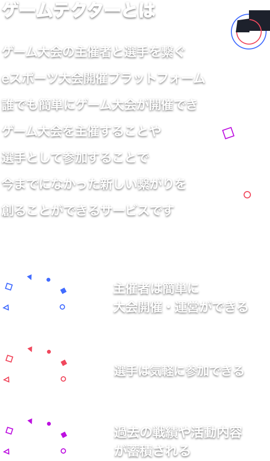 ゲームテクターとは ゲーム大会の主催者と選手を繋ぐeスポーツ大会開催プラットフォーム 誰でも簡単にゲーム大会が開催でき ゲーム大会を主催することや 選手として参加することで いままでになかった新しい繋がりを創ることができるサービスです