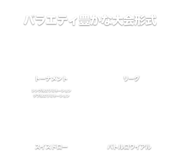 バライティ豊かな大会形式 トーナメント リーグ スイスドロー バトルロワイアル  バトルロワイヤル バトロワ シングルイリミネーション ダブルイリミネーション