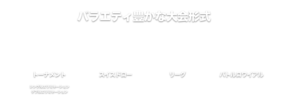 バライティ豊かな大会形式 トーナメント リーグ スイスドロー バトルロワイアル バトルロワイヤル バトロワ シングルイリミネーション ダブルイリミネーション